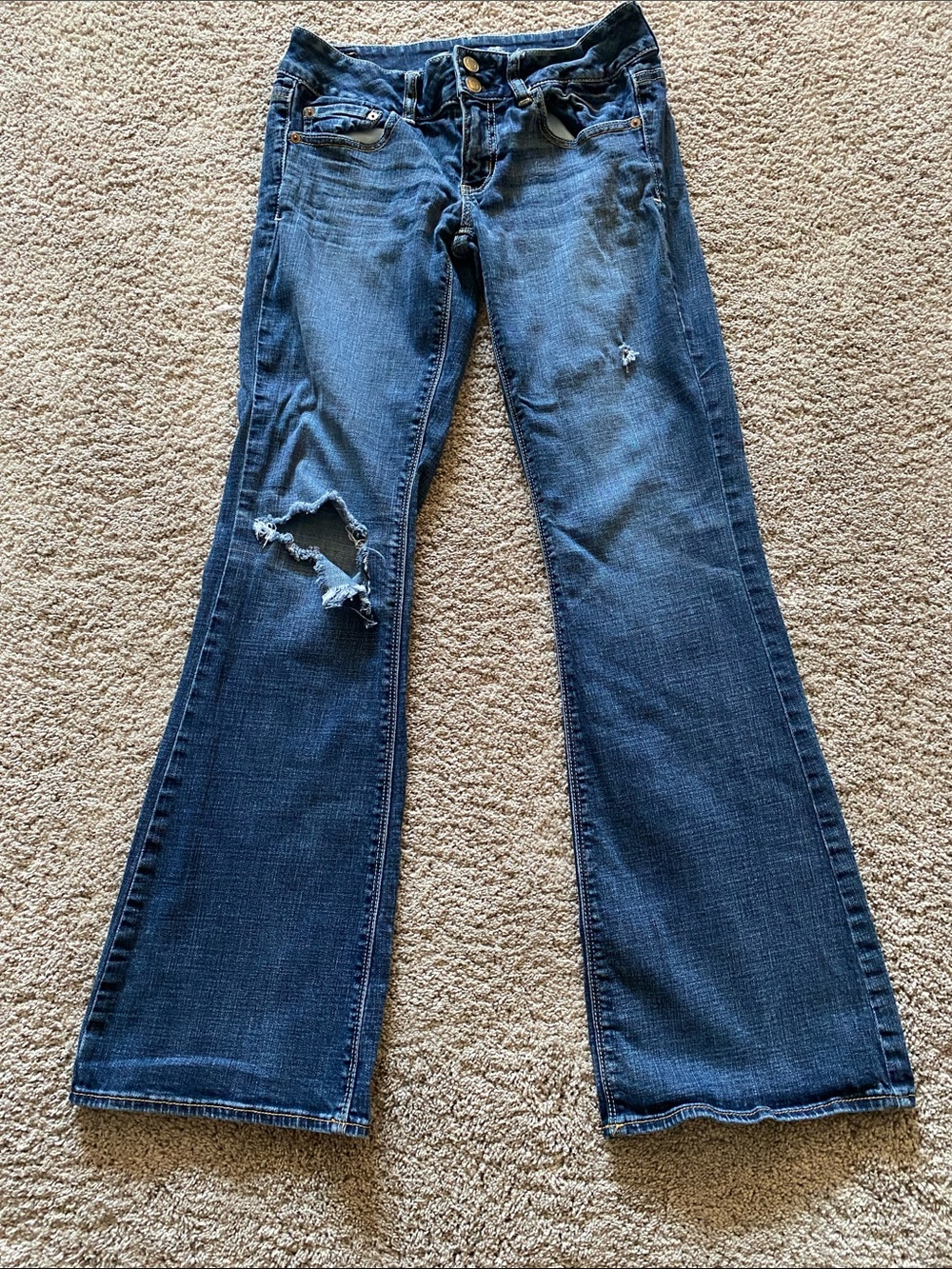 American Eagle Outfitters Dark Blue Distressed Flare Jeans